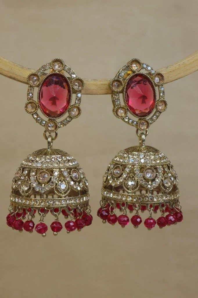 Kundan Jhumka Earrings with Stone Top and Bead Fringe