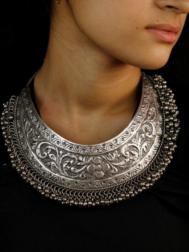 Silver Replica Crescent Hasli Necklace with Ball Fringe