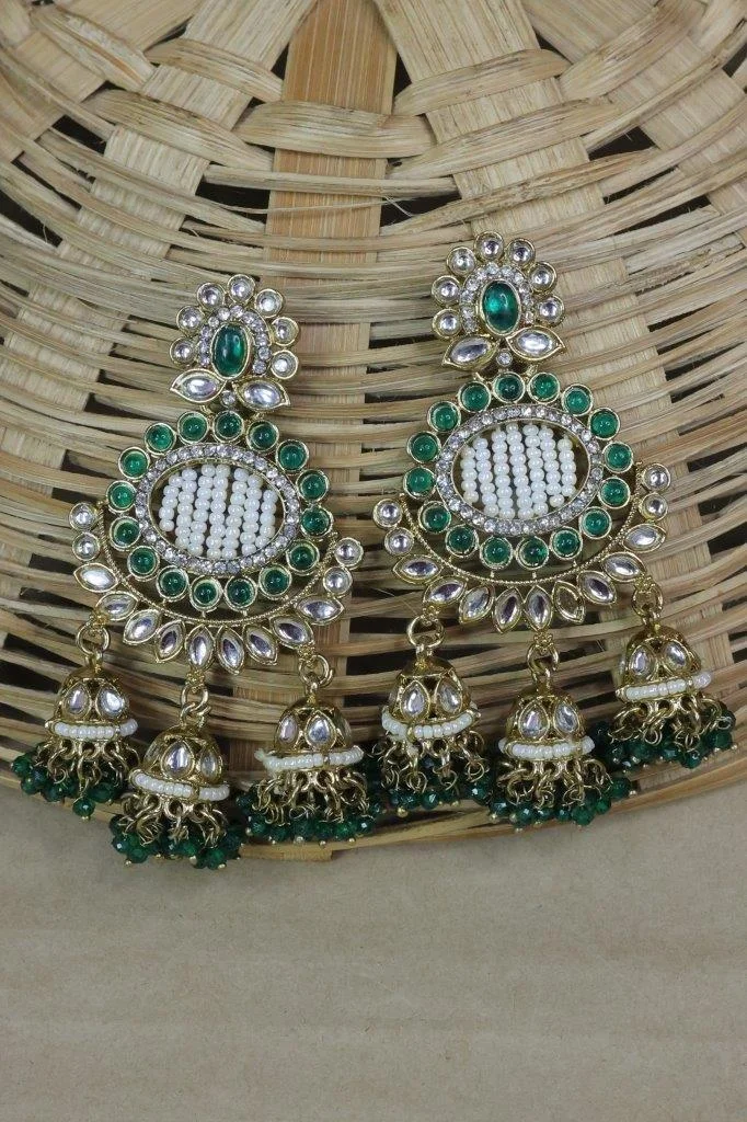 Green Kundan Chandbali with Pearl Centre and Bead Fringe