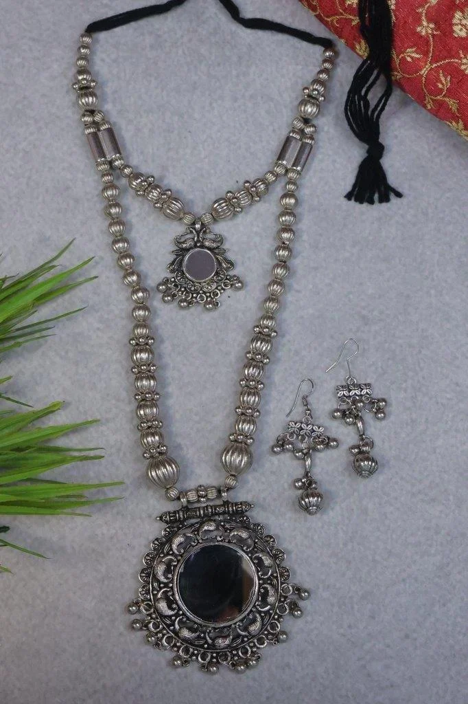 Two Layer Silver Bead Necklace with Mirror Medallion