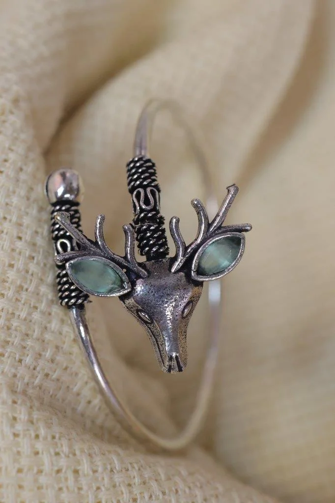 Oxidised Stag Head Kada with Green Stones