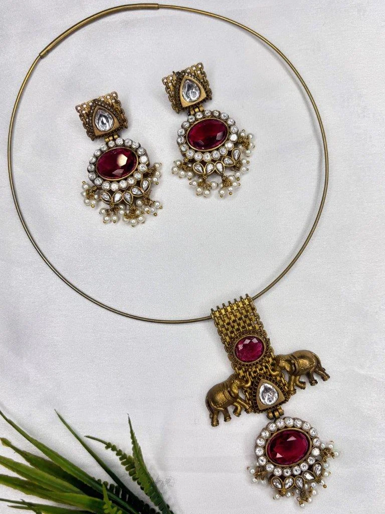 Antique Gold Elephant Hasli Set with Ruby Kundan Pendant