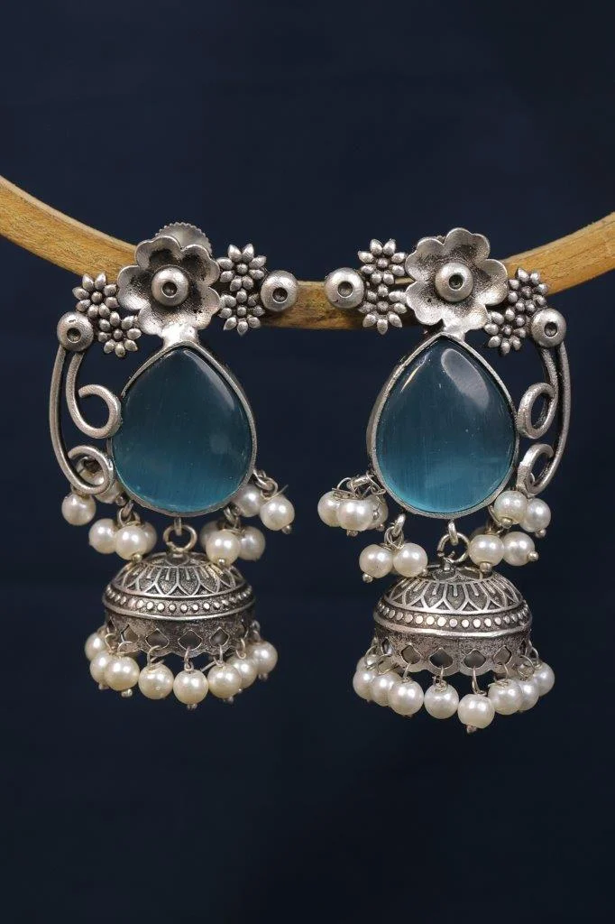 Blue Teardrop Stone Jhumka Earrings with Floral Silver Top