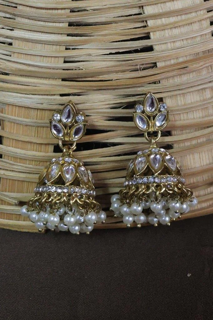Small Kundan Jhumka Earrings with Pearl Fringe