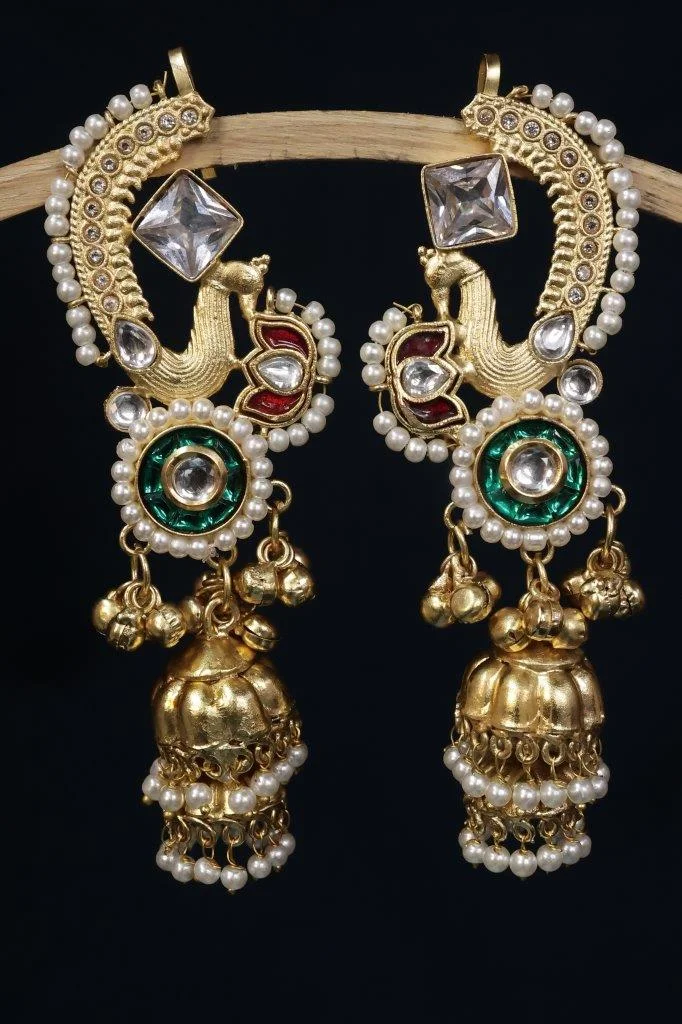 Peacock Arch Jhumka with Green Kundan Medallion