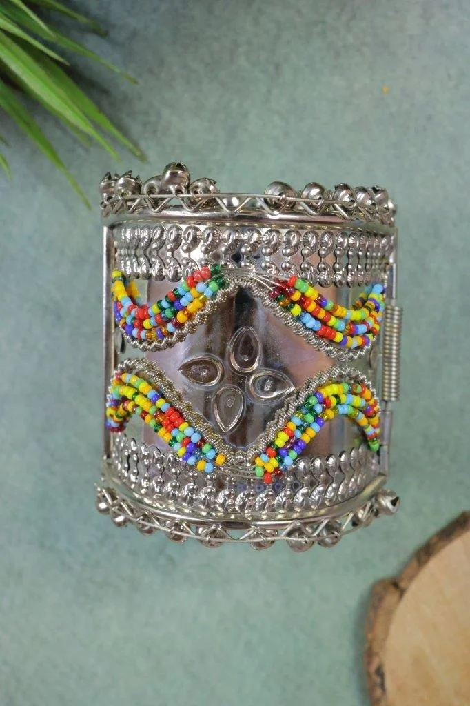 Tribal Silver Cuff with Beadwork and Bells