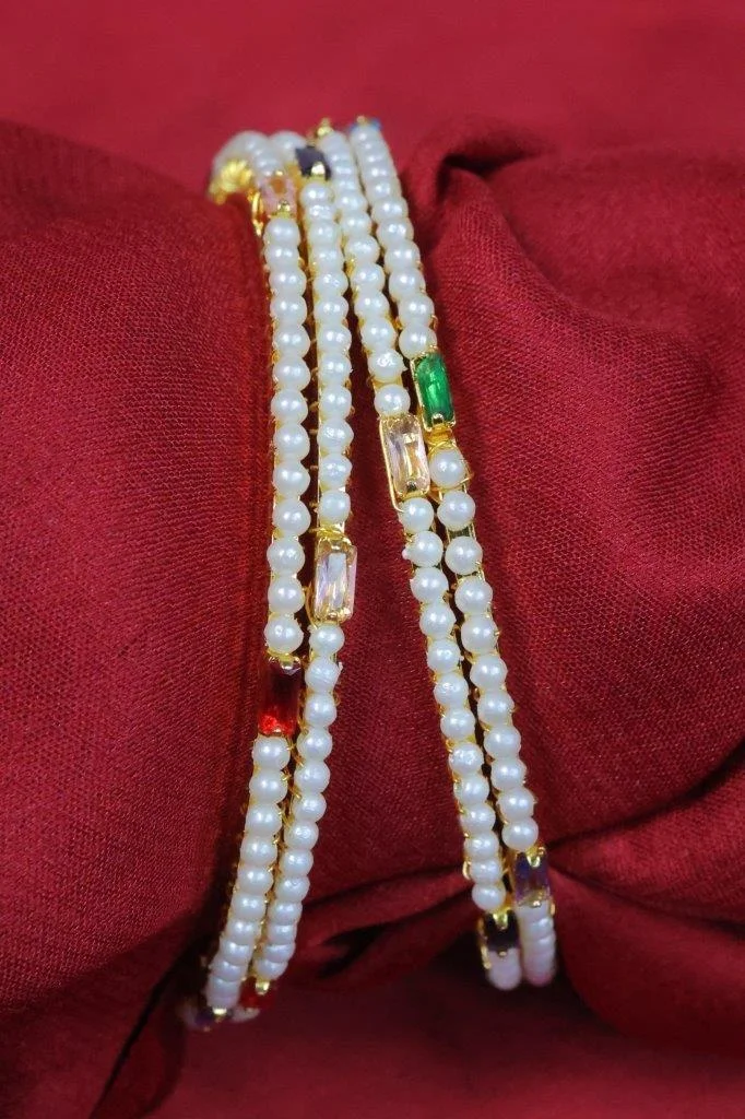 Pearl Bangles with Coloured Baguette Stones Set of Two