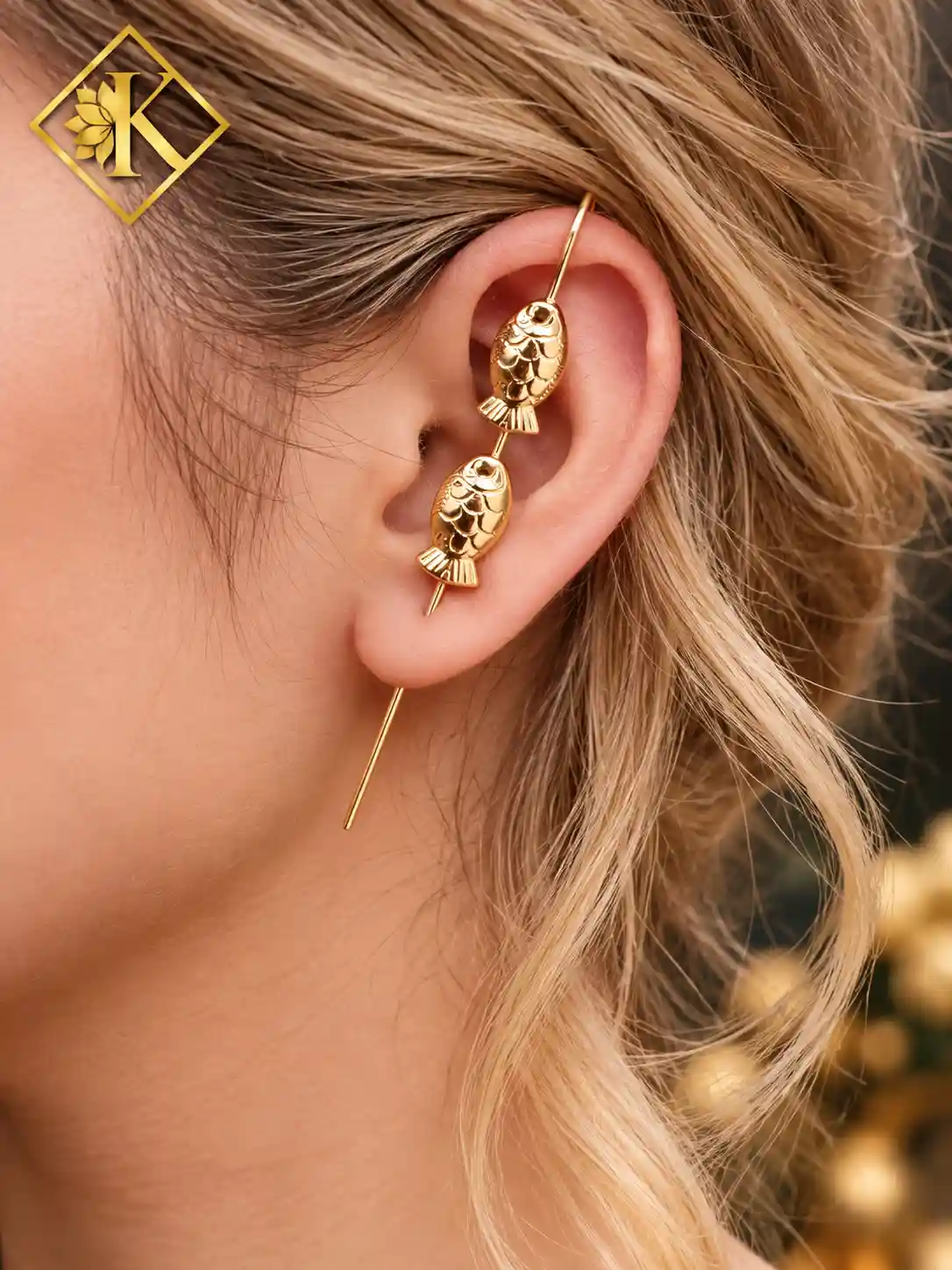 Gold Twin Fish Ear Pins with Long Stem