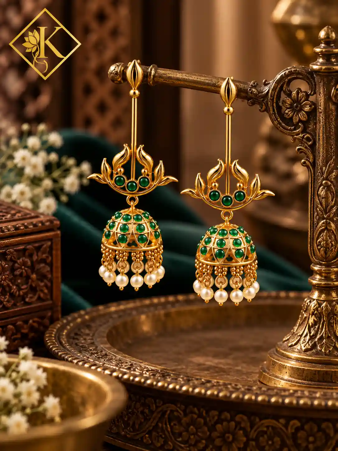 Lotus Top Jhumka Earrings with Stone Dome and Pearl Fringe