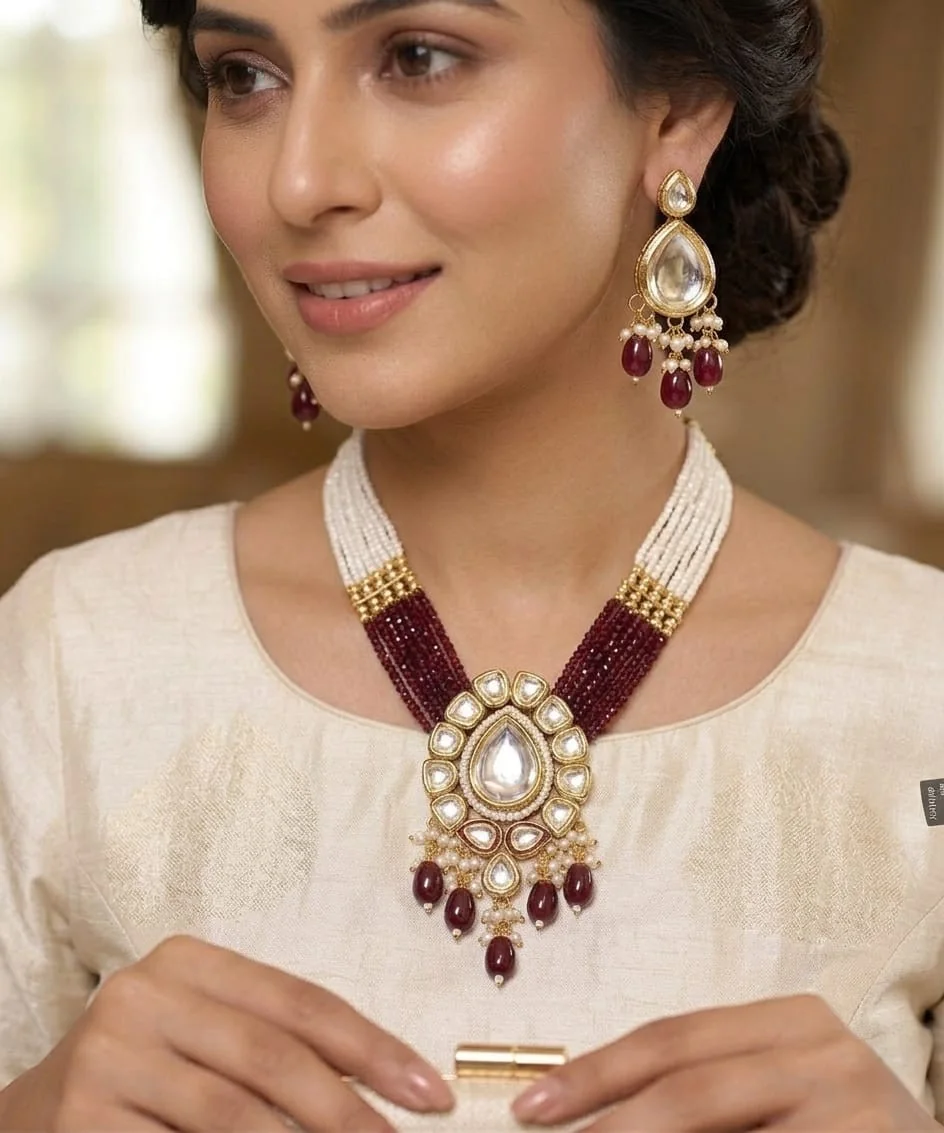 Kundan Beaded Pendant Necklace Set with Teardrop Earrings