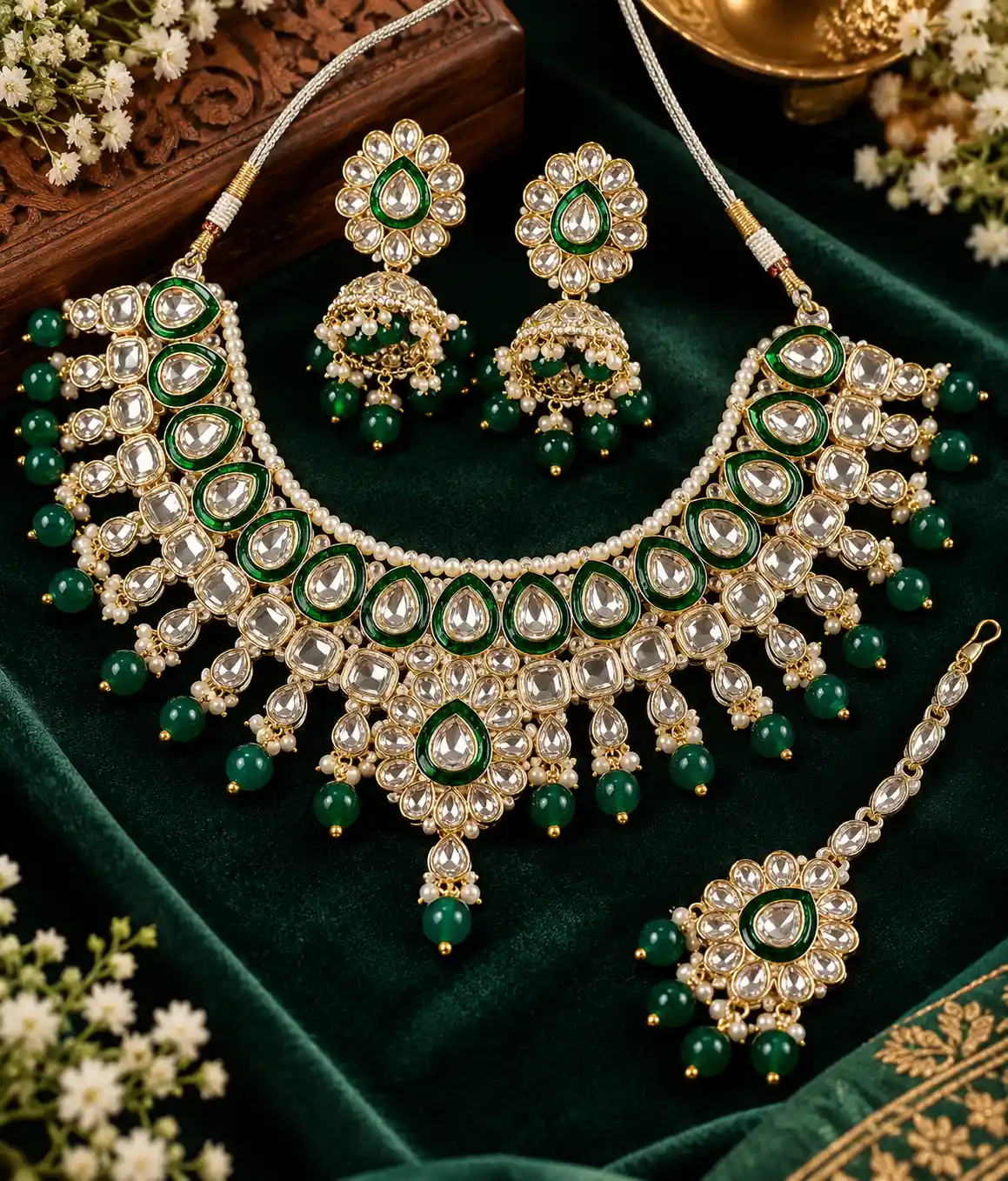 Meenakari Kundan Bridal Choker Set with Jhumka Earrings & Maang Tikka — Green & White