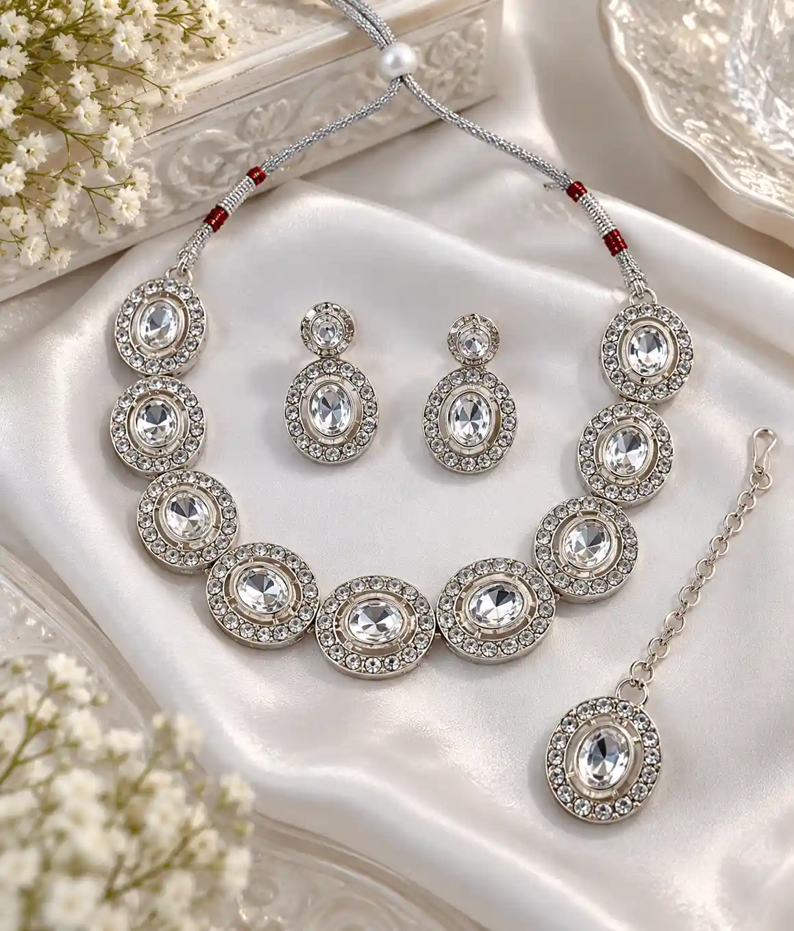 Silver-Tone American Diamond Choker Necklace Set with Earrings & Maang Tikka — Oval & Triangle Solitaires