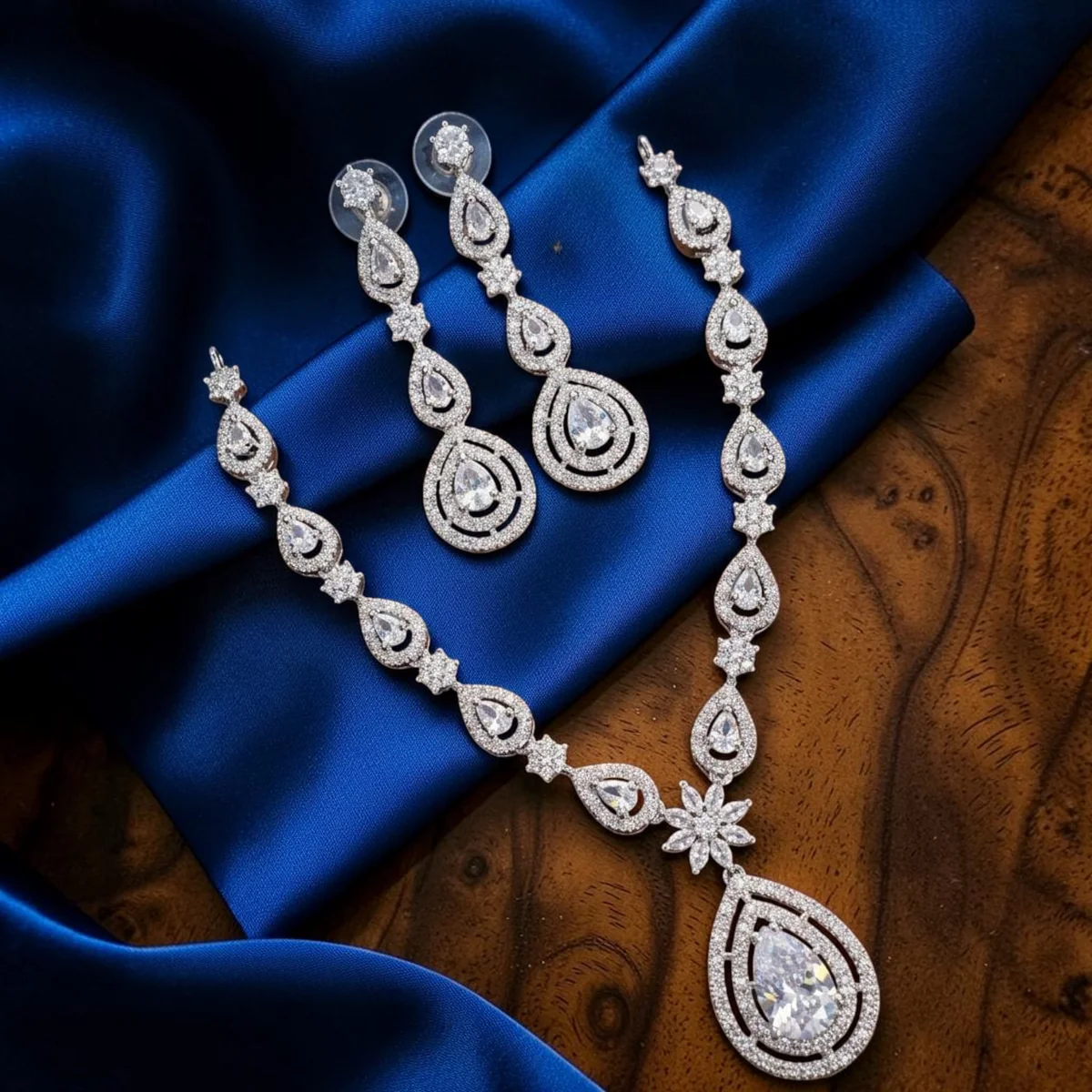 AD Teardrop Halo Necklace Set with Drop Earrings