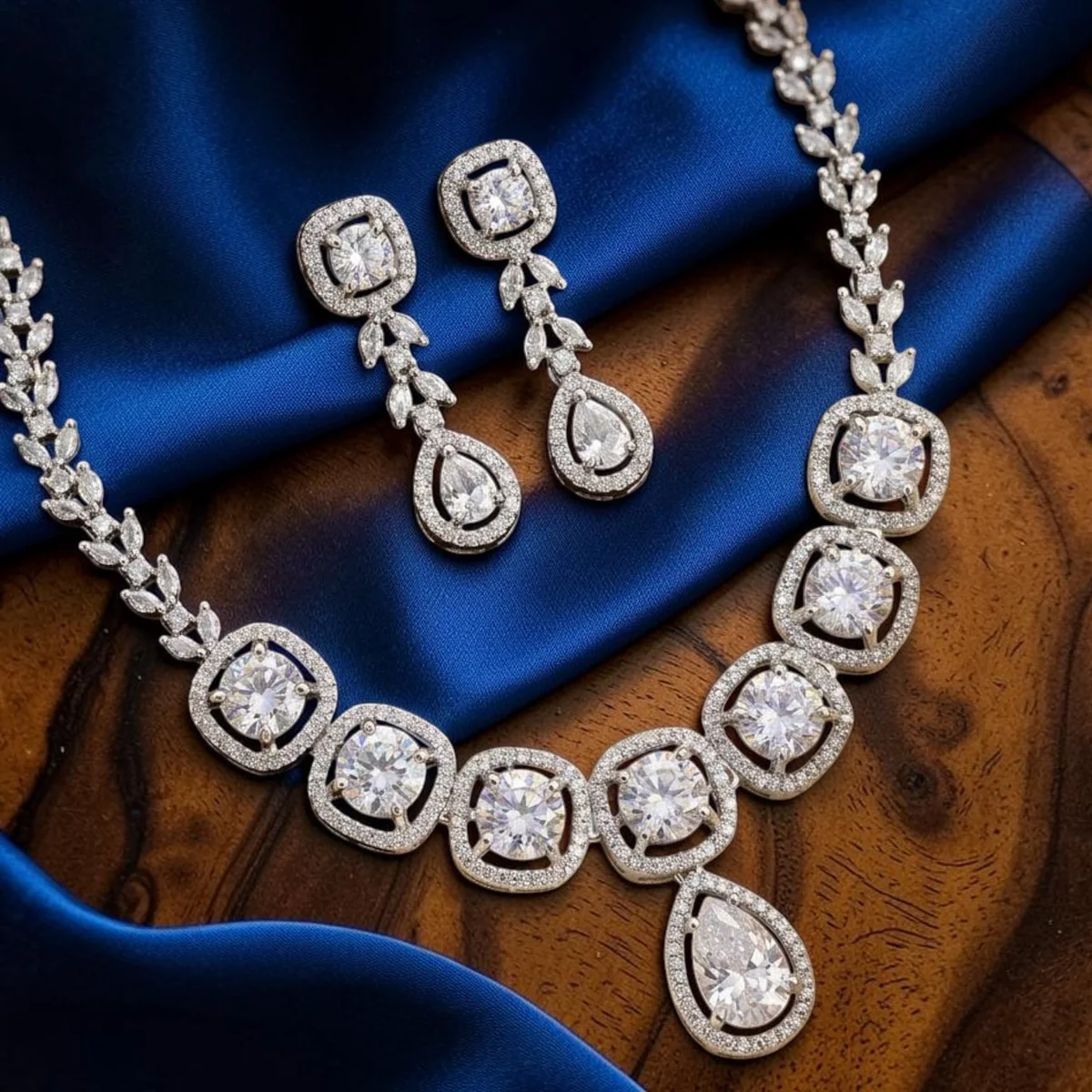 AD Cushion-Halo Row Necklace Set with Pear Drop