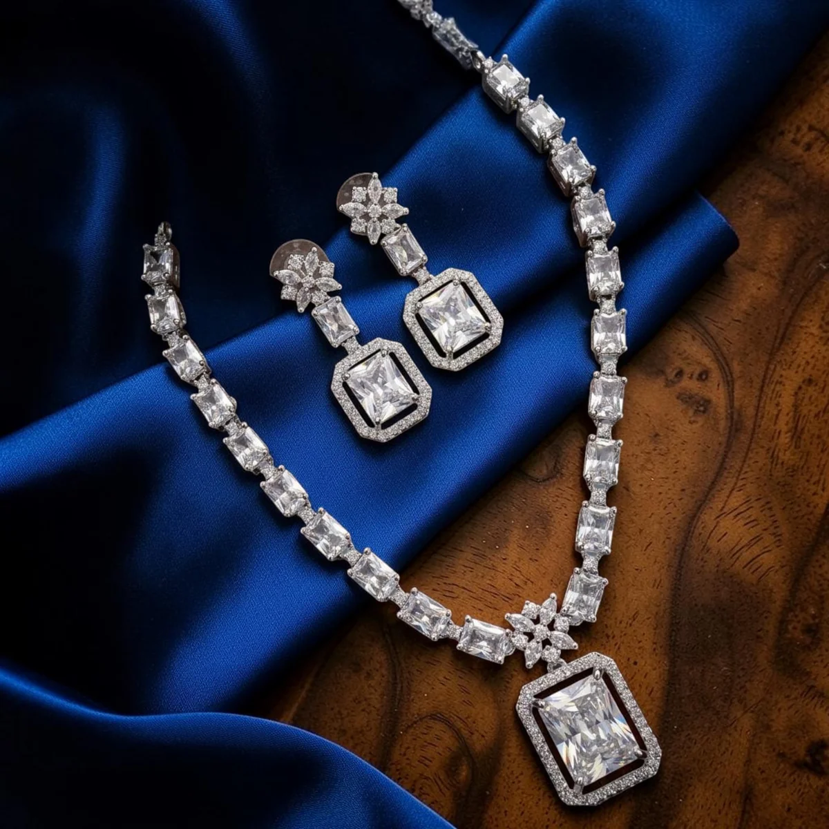 AD Emerald-Cut Stone-Row Necklace Set with Earrings