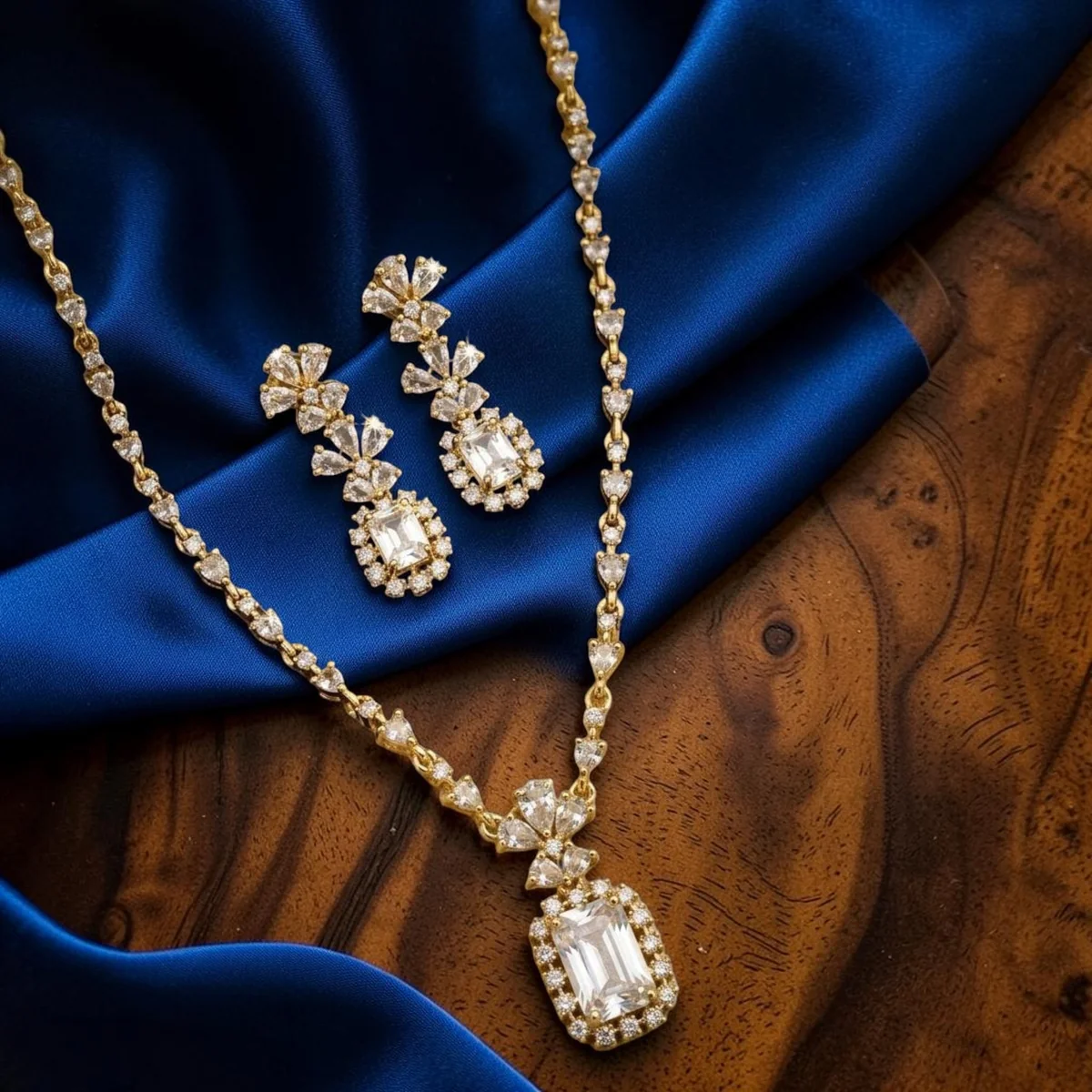 Gold AD Emerald-Cut Pendant Necklace Set with Bow Earrings