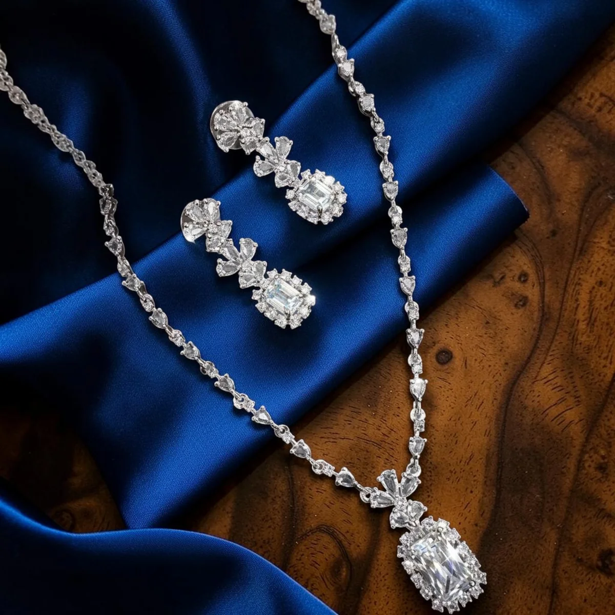 Silver AD Cushion Solitaire Necklace Set with Line-Drop Earrings