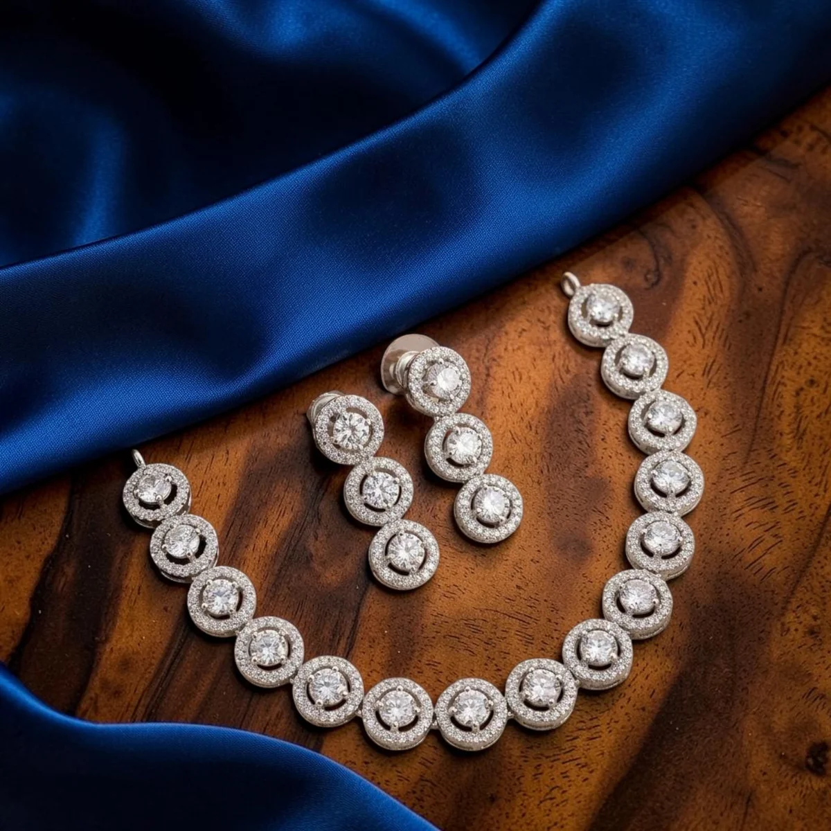 AD Round-Halo Stone-Row Necklace Set with Earrings
