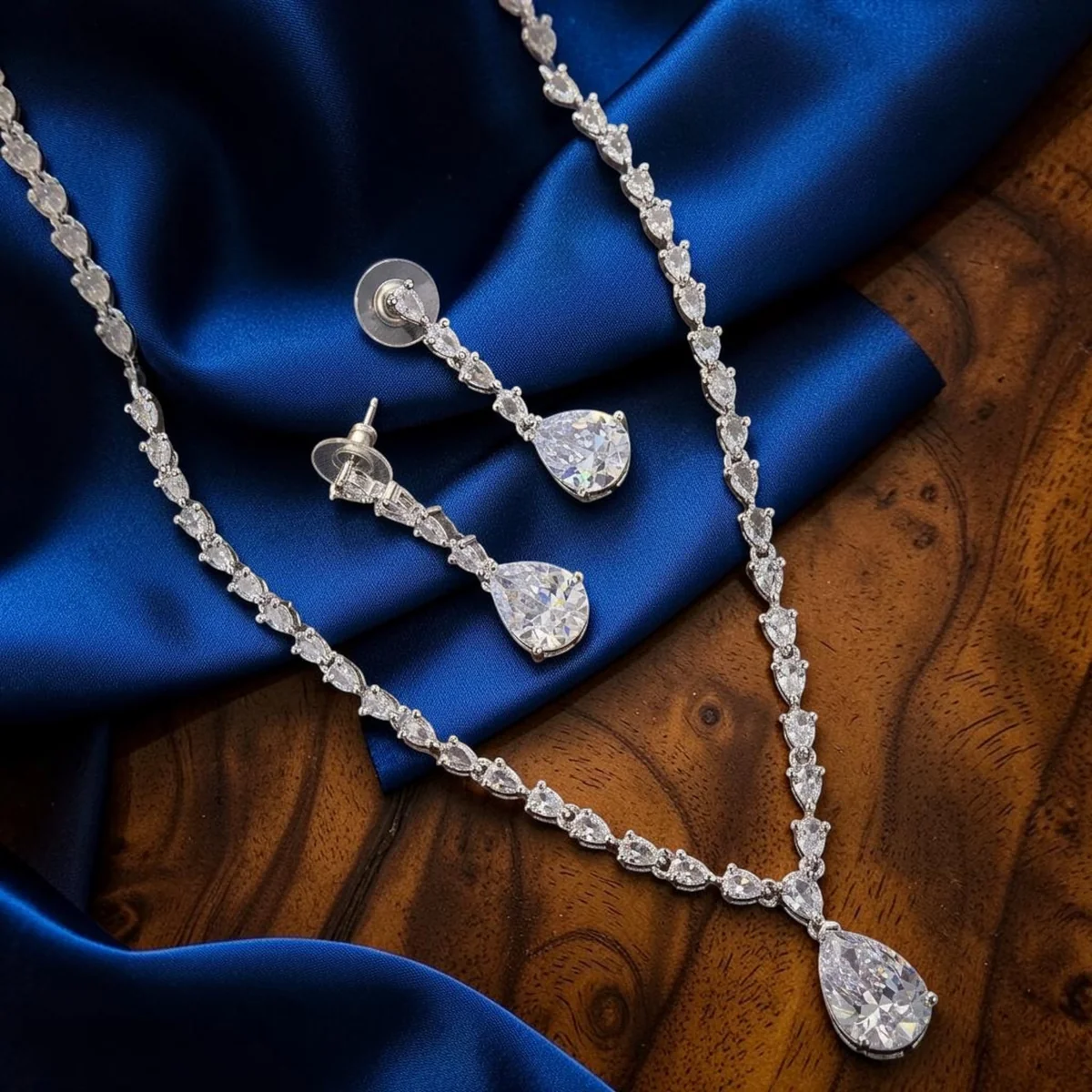 AD Slim-Chain Pear Drop Necklace Set with Earrings