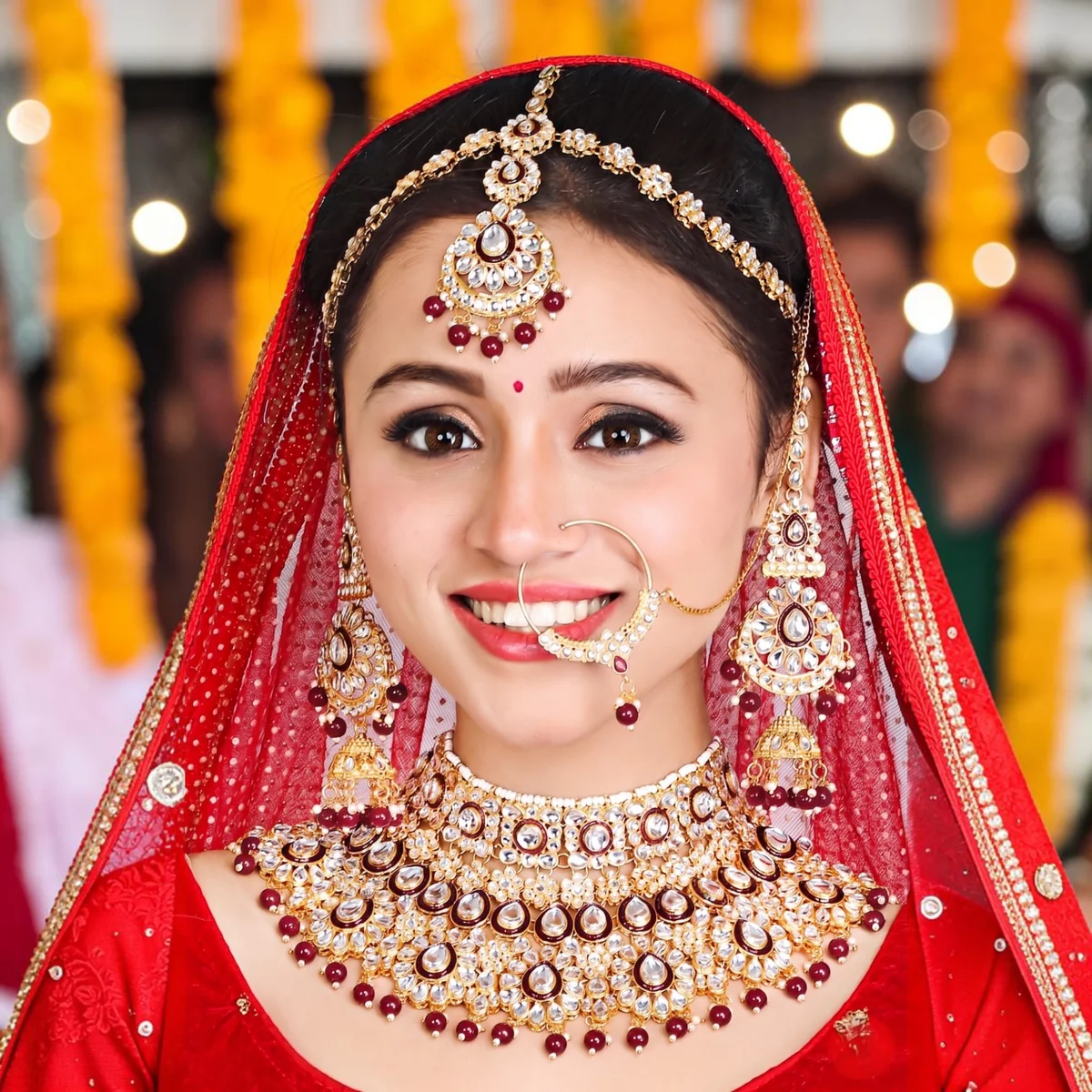 Kundan Bridal Necklace Set with Maang Tikka, Earrings and Nath