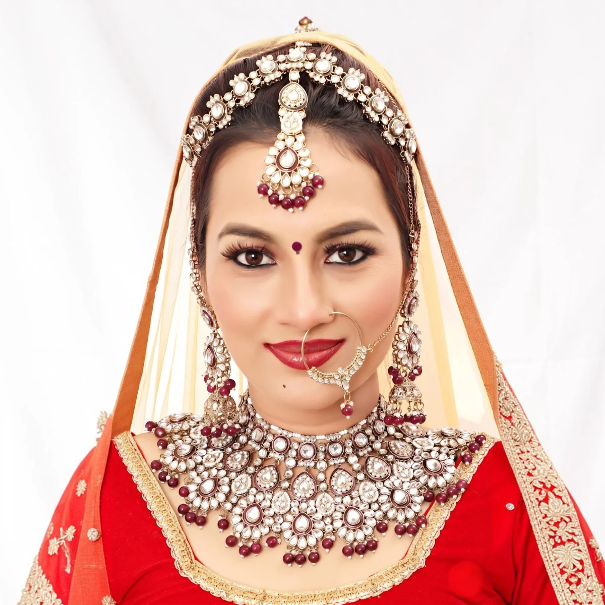 Bold Kundan Bridal Choker Set with Earrings, Maang Tikka & Nath