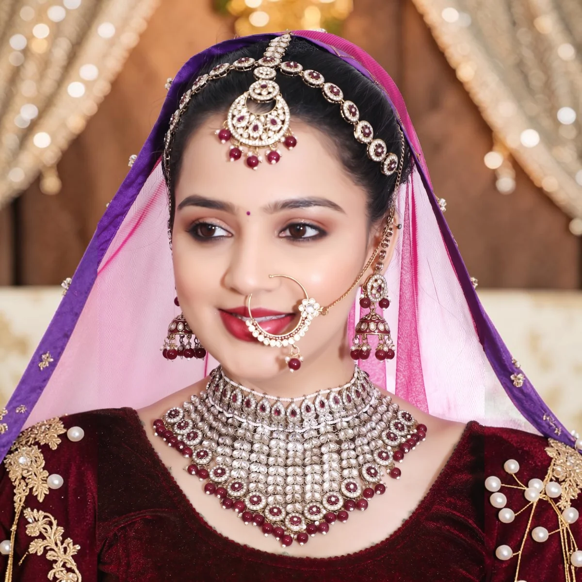 Broad Kundan Bridal Choker Set with Chandbali Tikka & Jhumka Earrings