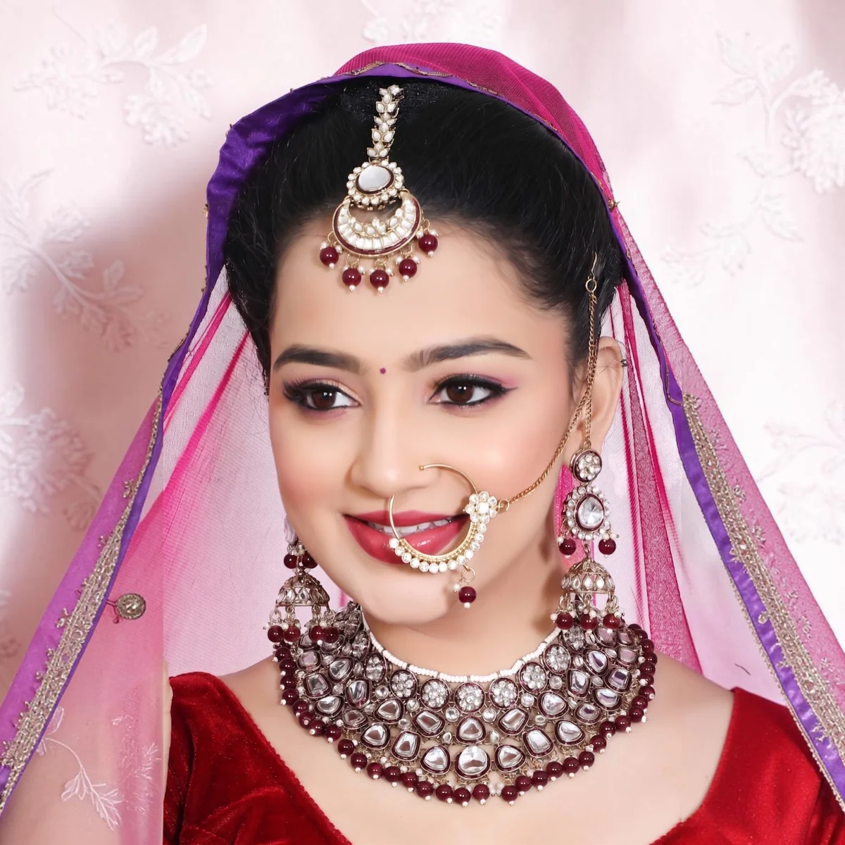 Kundan Bridal Necklace Set with Earrings, Chand Maang Tikka & Nath