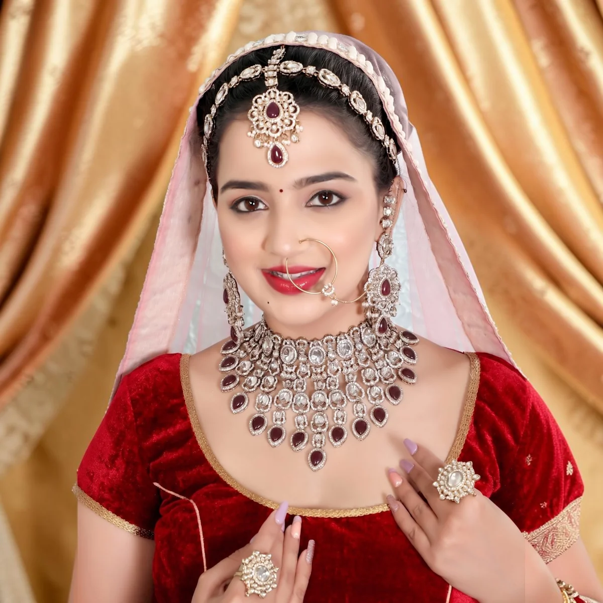 Kundan Bridal Necklace Set with Earrings, Ring, Maang Tikka & Nath