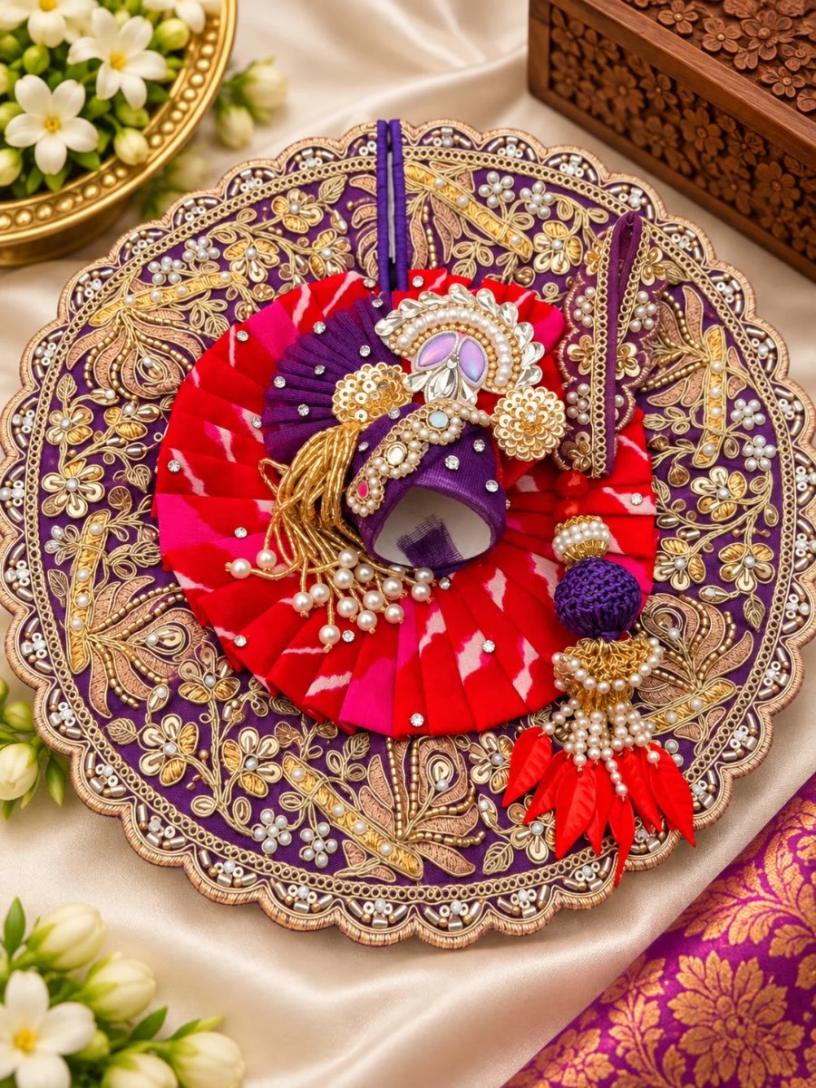 Royal Purple and Red Zari Embroidered Poshak for Laddu Gopal