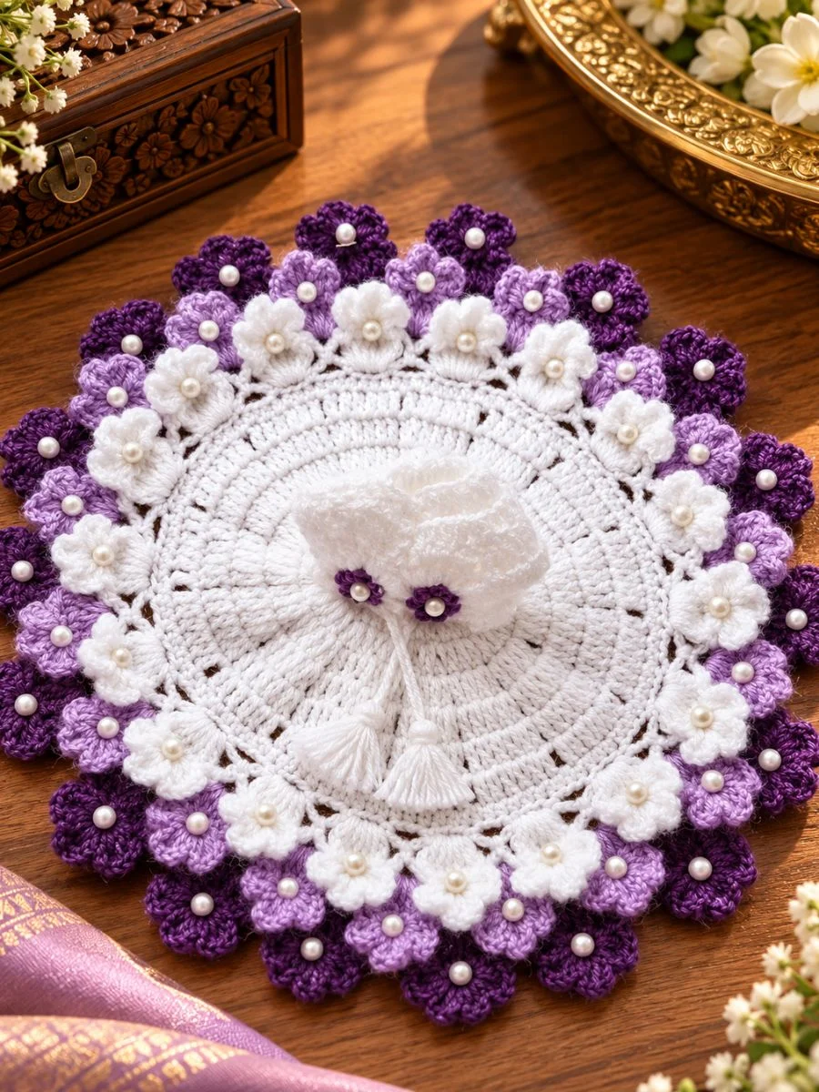 Woolen Poshak for Laddu Gopal - Purple and White Floral Design