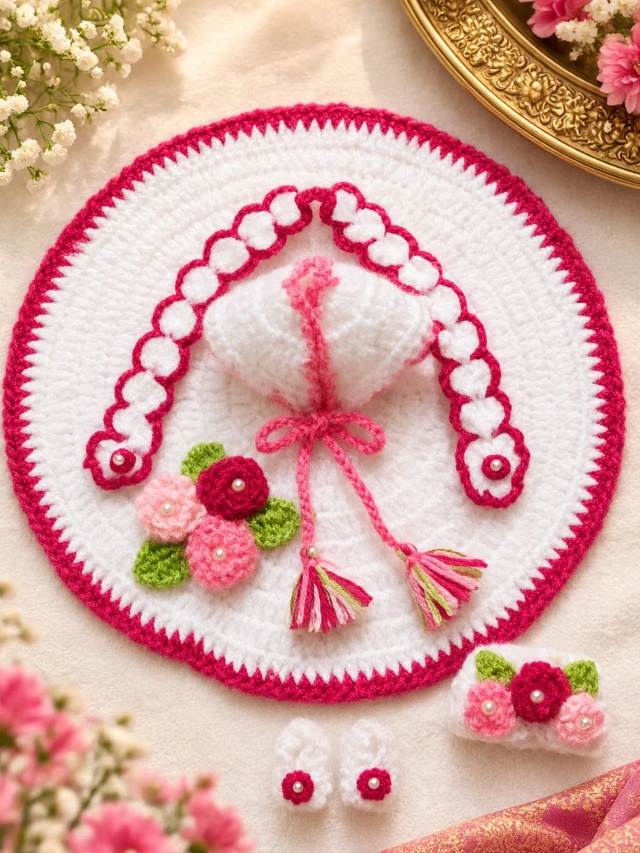 Woolen Laddu Gopal Dress Set - White and Pink Floral Design