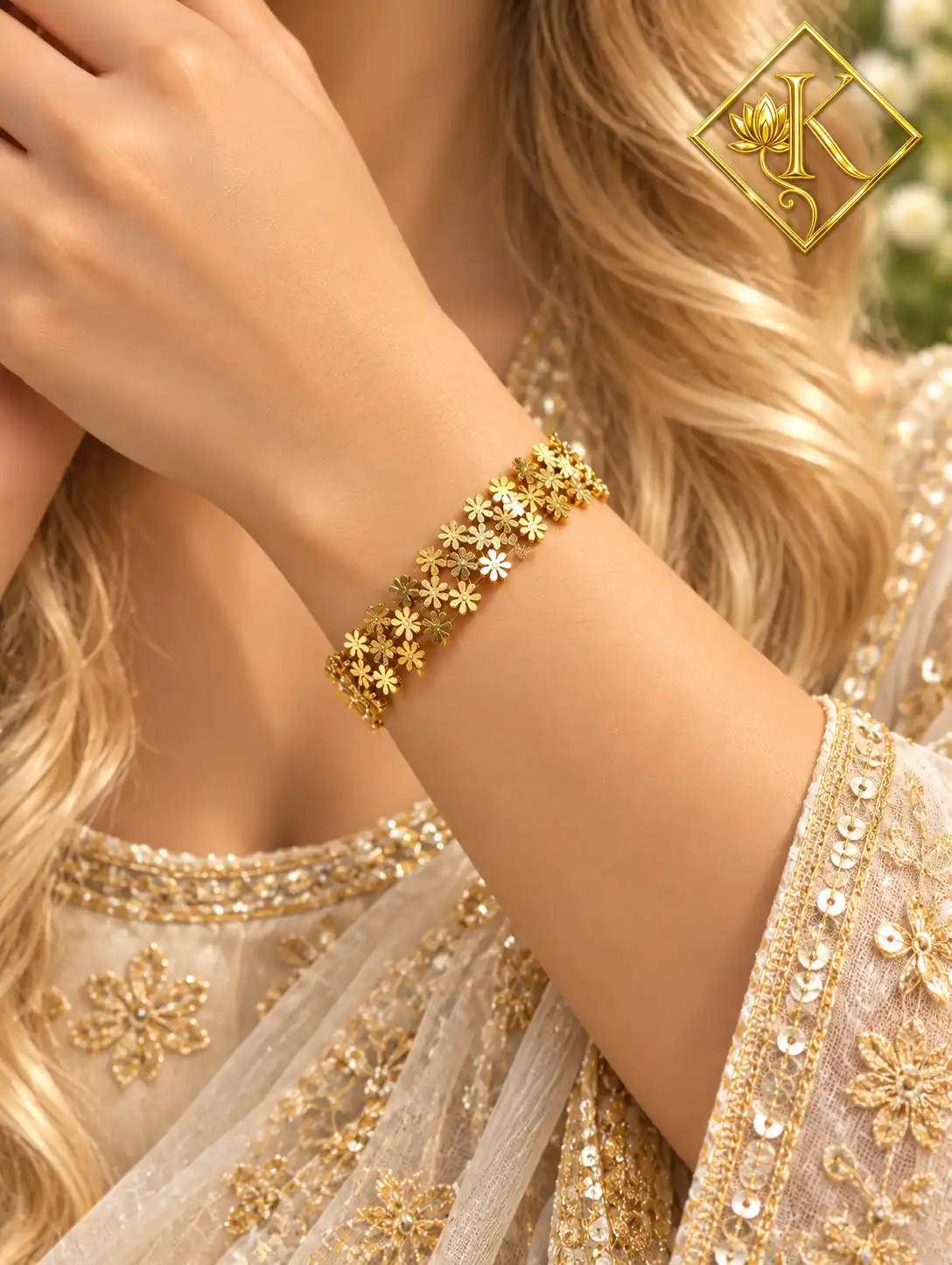 Wide Floral Cluster Cuff Bangle in Gold Tone